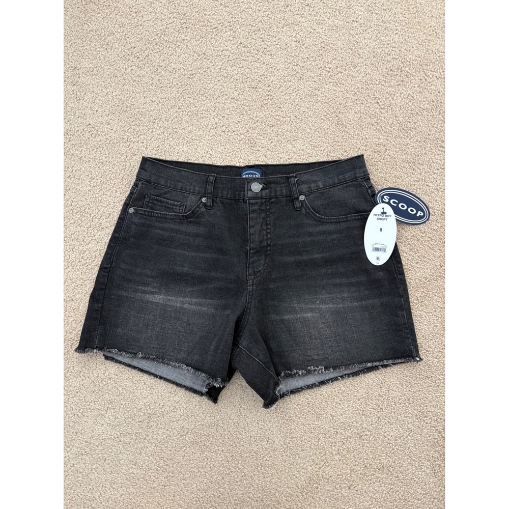 Scoop Women Denim‎ Retro Boy Shorts Size 8 Black Faded High Rise Raw Hem NWT